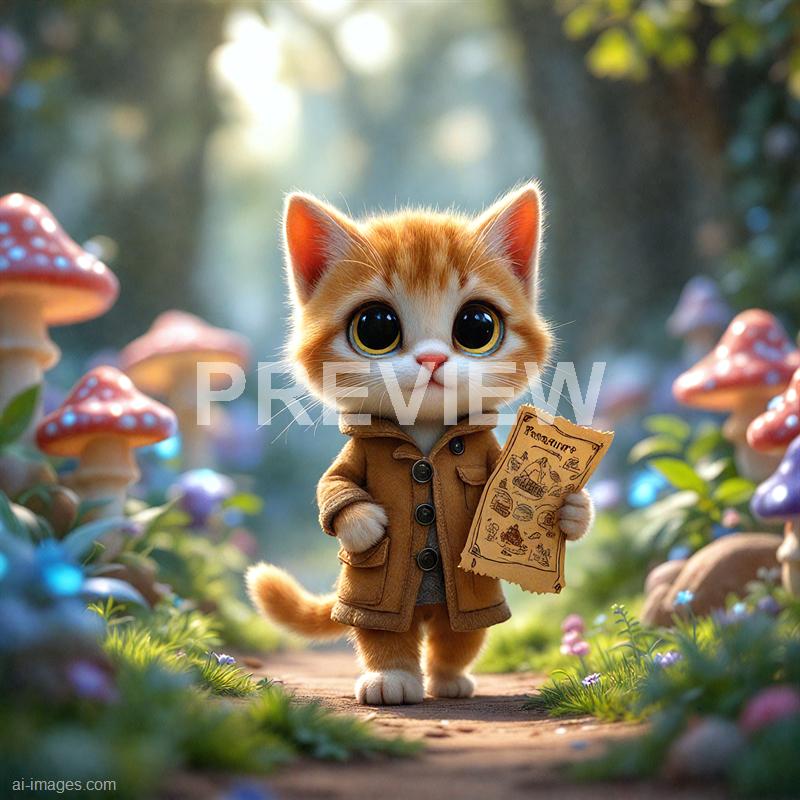 An adorable animated kitten with large, expressive eyes and orange fur stands on a forest path surrounded by colorful, whimsical mushrooms and lush greenery. The kitten is dressed in a brown coat and holds a piece of parchment or map, looking curious and ready for an adventure. Soft sunlight filters through the trees, creating a magical and inviting atmosphere in this vibrant, fantastical setting.